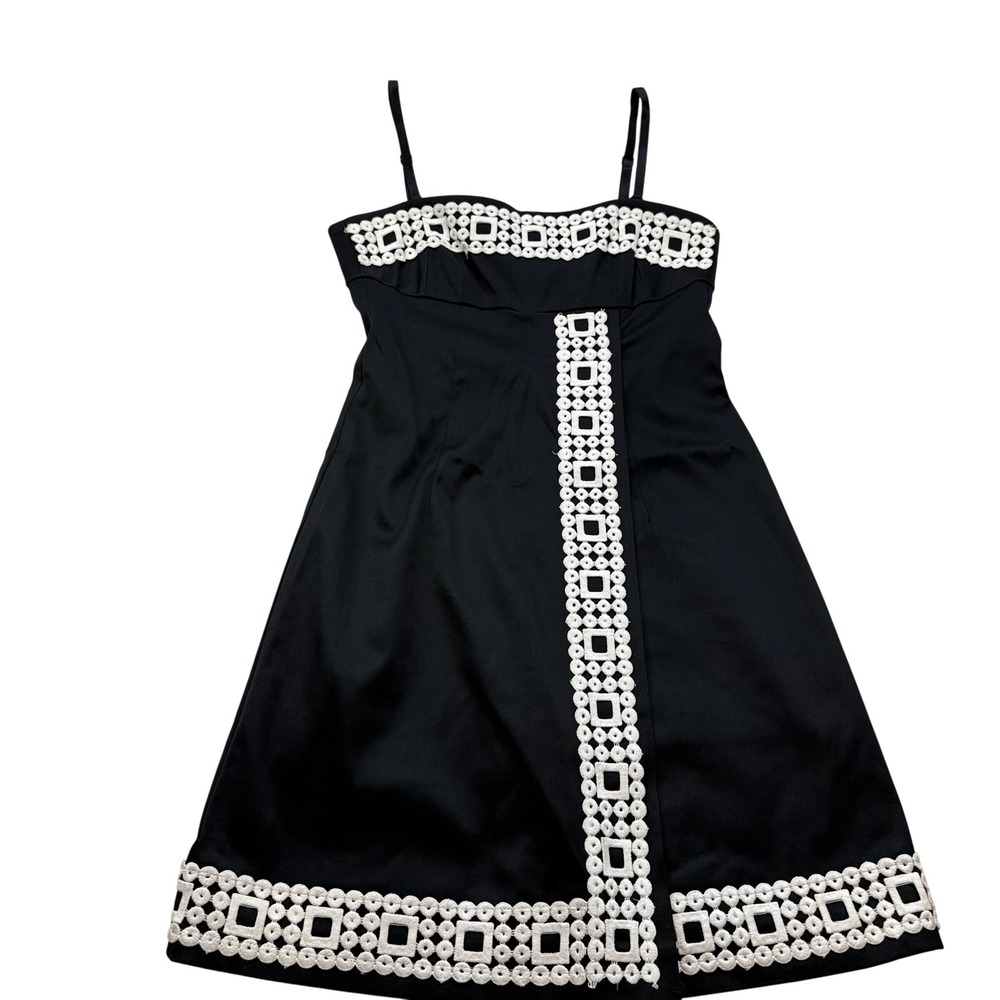 Trina Turk‎ Black White Geometric Crochet Trim A-Line Cocktail Dress Size 4 USA